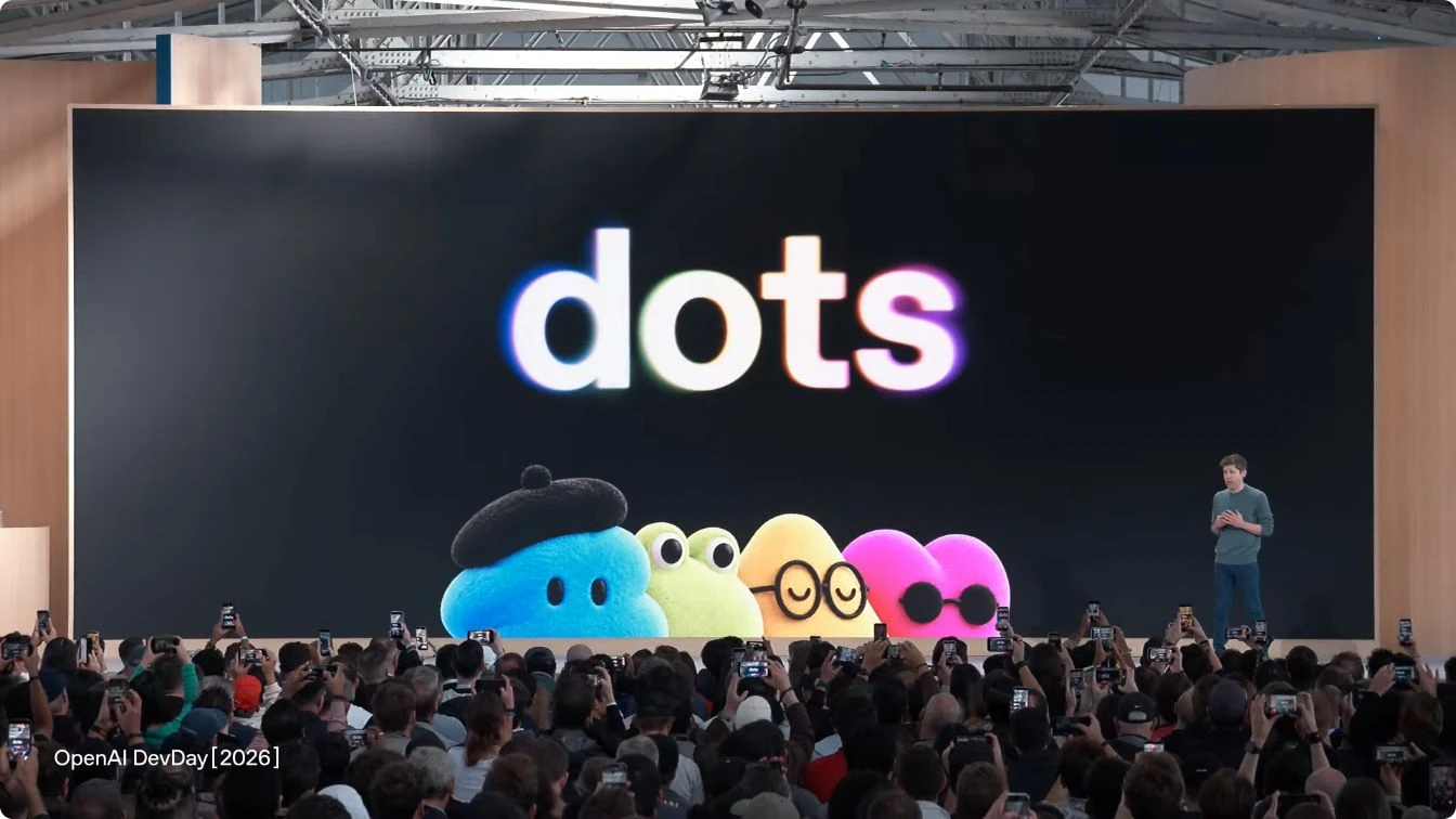 Official OpenAI DevDay 2026 stage frame with the dots title, four colorful characters and Sam Altman
