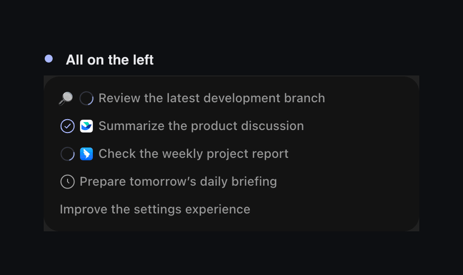 The same five Onevium conversations changing between all-left, status-right, and all-right information layouts