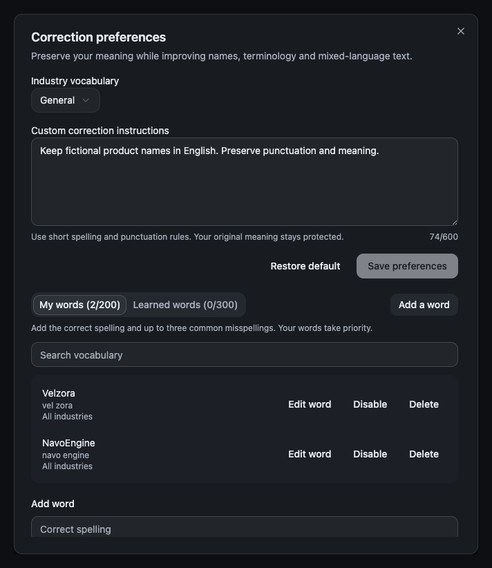 Onevium voice correction preferences with fictional custom words and correction instructions