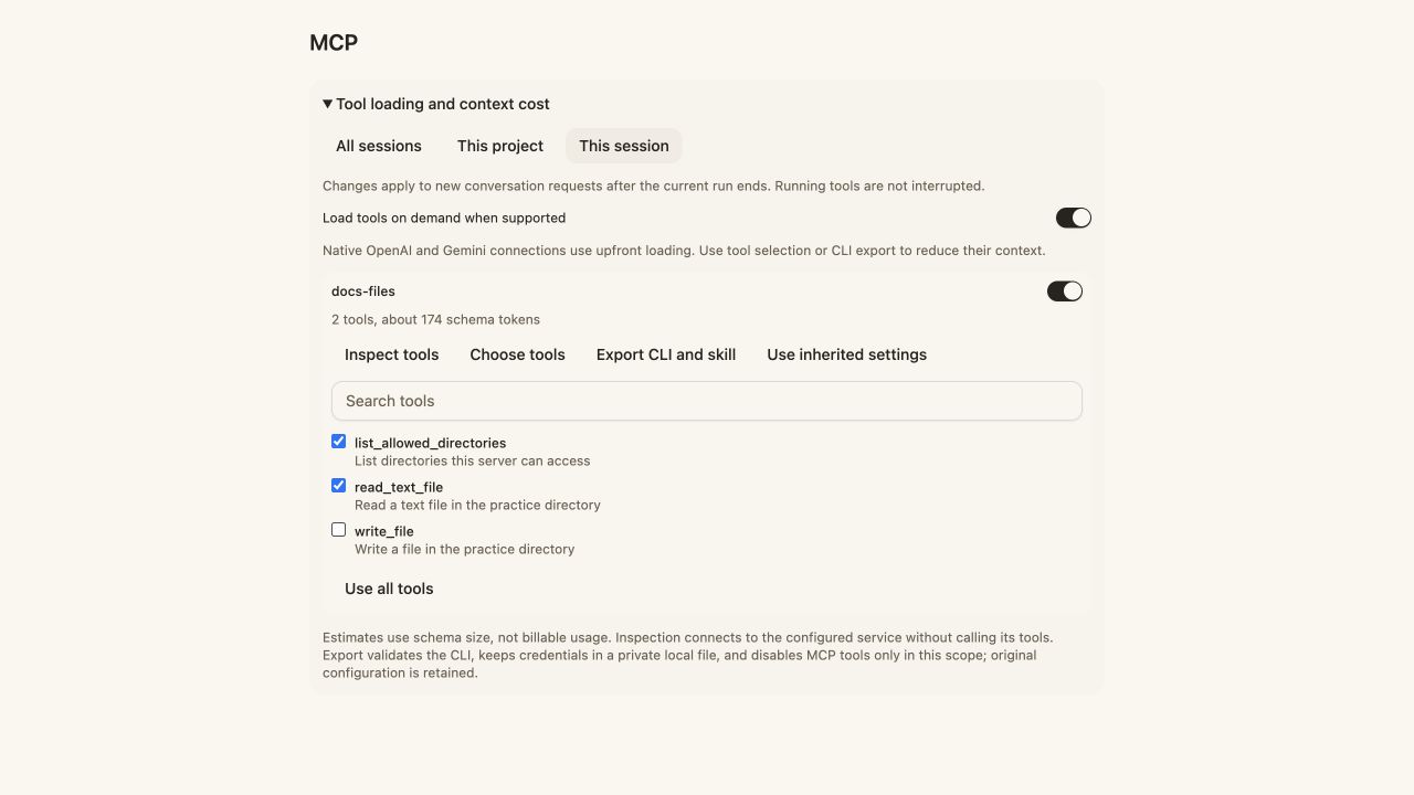 MCP controls with This session selected and a tool checklist