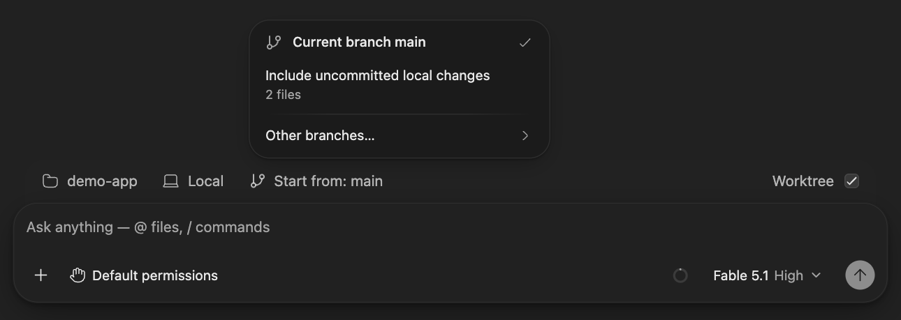 The Worktree checkbox is enabled above the composer, with the Start from menu showing the current branch and the option to include uncommitted changes