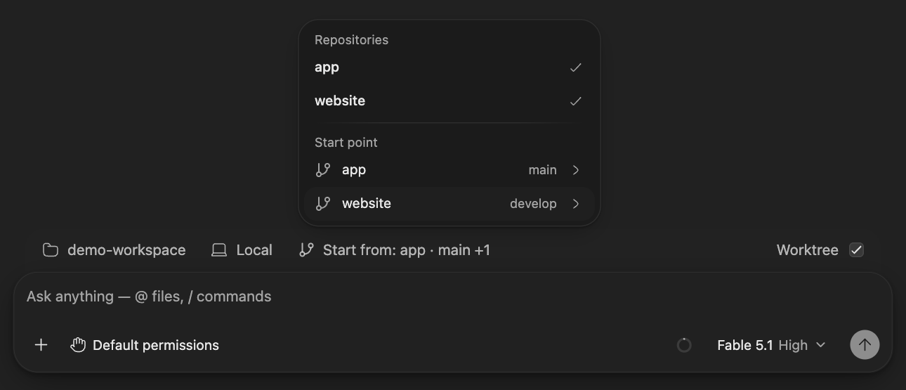 The repository menu has app and website selected, with app starting from main and website starting from develop