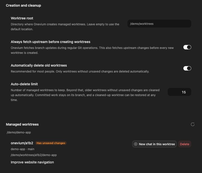 General worktree settings with automatic cleanup options and the Delete button beside a managed worktree