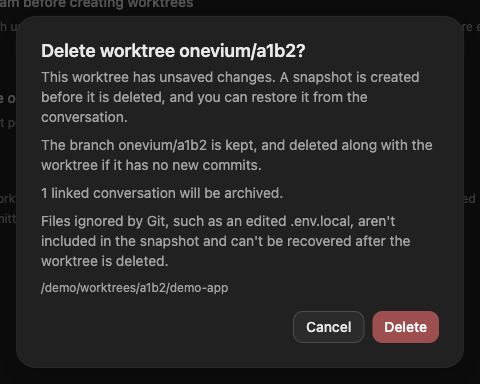 The deletion dialog explains snapshots, branch retention, conversation archiving, and the exclusion of Git-ignored files
