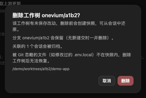 删除工作树确认框说明快照、分支保留、会话归档，以及 Git 忽略文件无法恢复