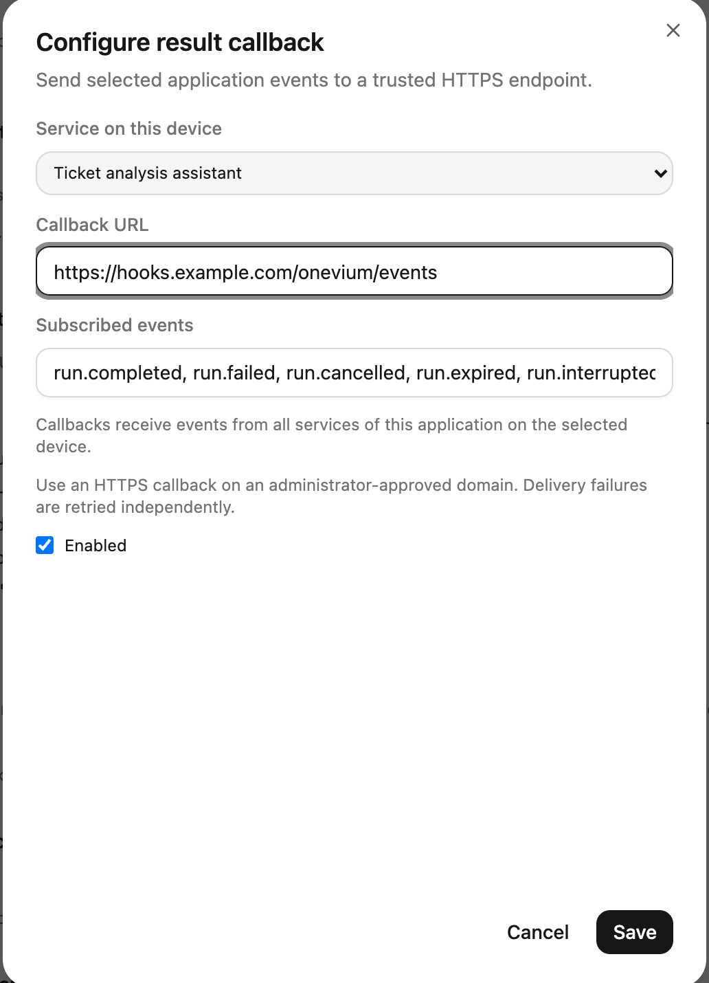 Choose a callback URL and event subscriptions for this application on the selected device (example).
