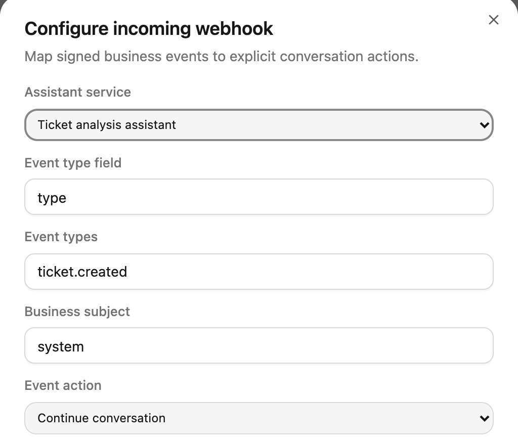 Upper webhook fields: choose a service, event type, business subject, and action.