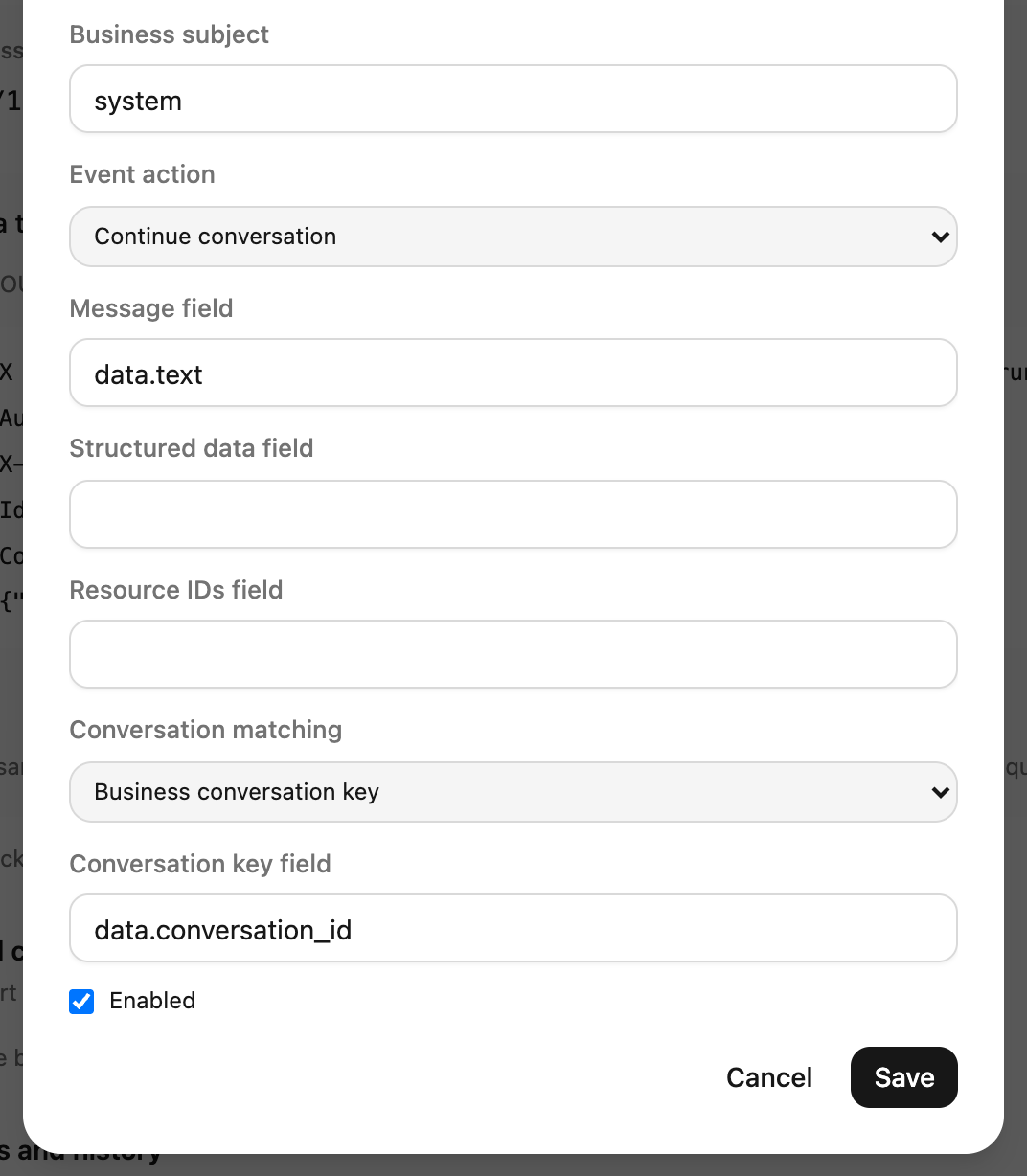 Scrolled field detail: map message content and a business conversation key to continue a conversation.