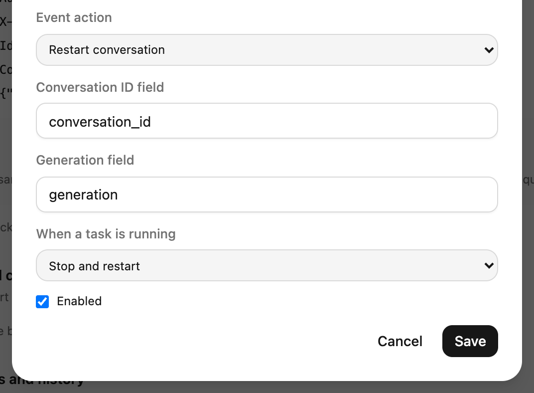 Restart field detail: configure conversation ID and generation field mappings, plus the running-task policy.