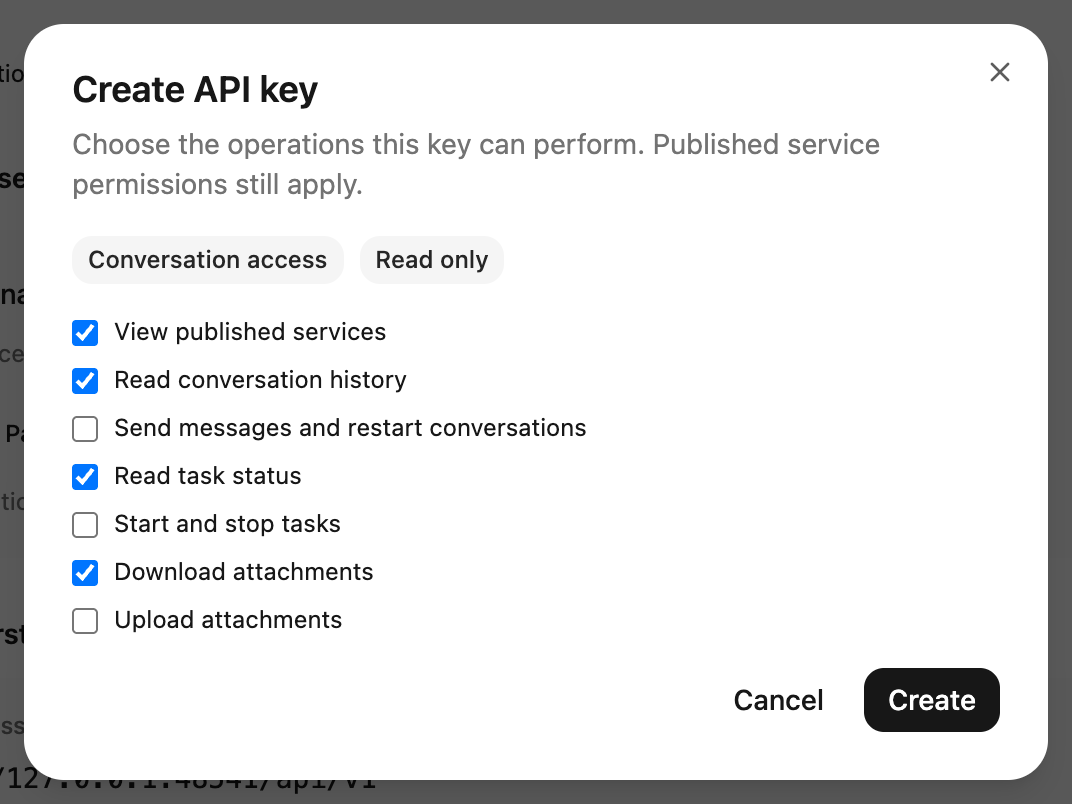 Read-only API key example: query status and history without sending messages or starting tasks.