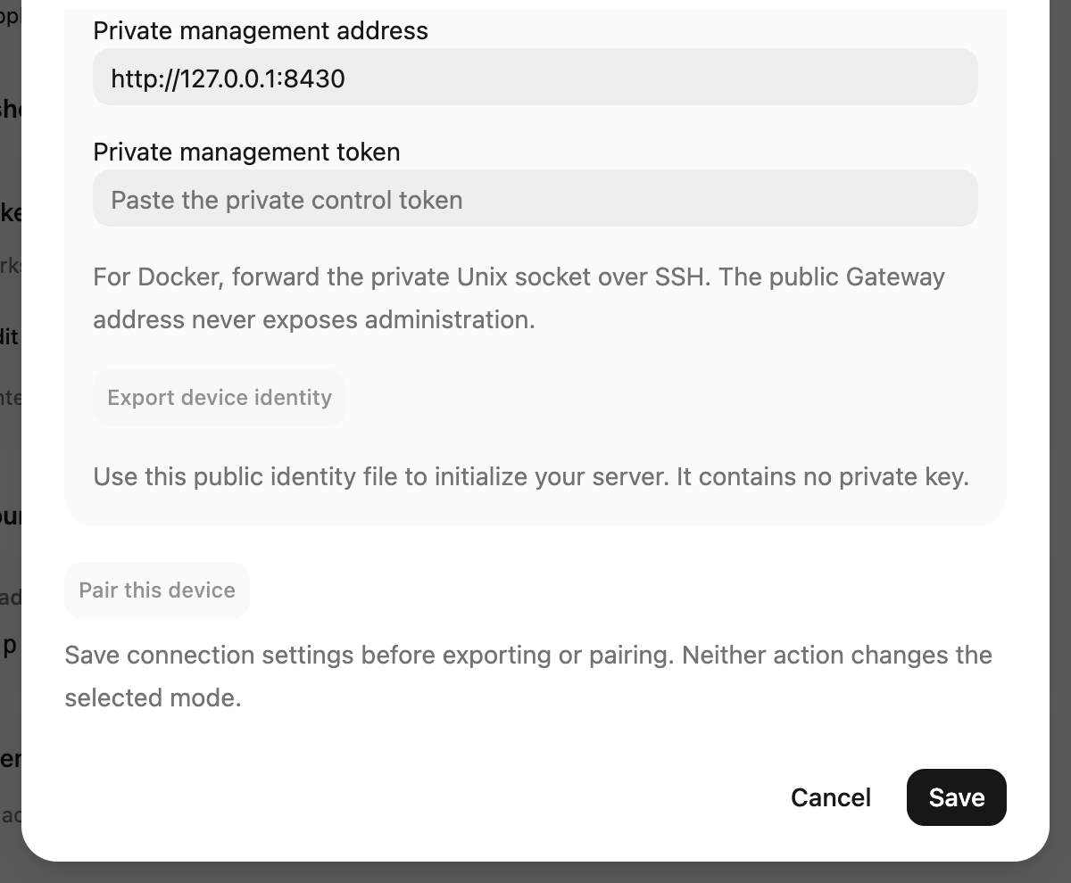 Private management detail: enter the address and token, save, then pair. The token is empty and the draft is unsaved in this example.